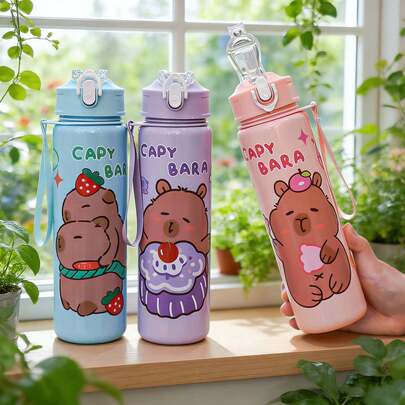1pc Approx. 750ML/26oz Cute Cartoon Bear Design Tumbler Cup With Straw, Leak-Proof, Portable With Straw & Handle Strap, Multiple Options, Suitable For School, Teachers, Outdoor Camping, Play, Cycling And Sports