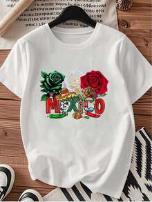1 Blusa para Mujer, Blusas Hermosas para Mujer, Conjuntos de Ropa para Mujer, Imagen de México, Camiseta 180G Blanco y Negro, Estampado Mexicano Temático, Impresión de Alta Calidad, Cuello Redondo, Corte Holgado Básico, Transpirable, Versátil, Lavable a Máquina, Cómoda, Talla S ~ 3XL, Diario, Casual, Deportiva, Esencial para el Verano. - Blanco - Ver 3