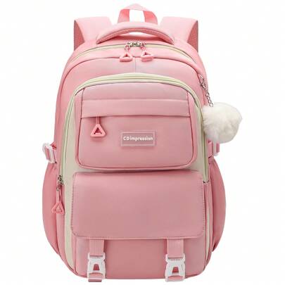 1pc Women's Large Capacity Backpack With Pom Pom Charm, Suitable For School And Travel, Laptop Backpack With Multiple Pockets, Lightweight And Durable Adjustable Shoulder Strap, Suitable For Campus, Commuting And Outdoor
