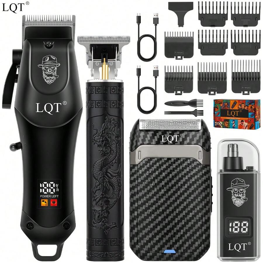 LQT 4件套/3件套/1件套男士理容套装 - 可充电理发器、胡须修剪器、电动鼻毛修剪器和电动剃须刀，无线多功能理容套装，USB充电，配有理容配件，是居家理发、胡须造型和个人护理的理想之选，父亲节好礼 - A - 查看 1
