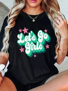 Casual And Versatile Summer Women's T-Shirt With "Let's O" Print - Black Casual Round-Neck Short-Sleeve Top With Pink And Cyan Blue Star Design, Perfect For Summer And Spring, A New Fashion Item And Holiday Gift. Casual And Comfortable Unisex Style - Black - View 1