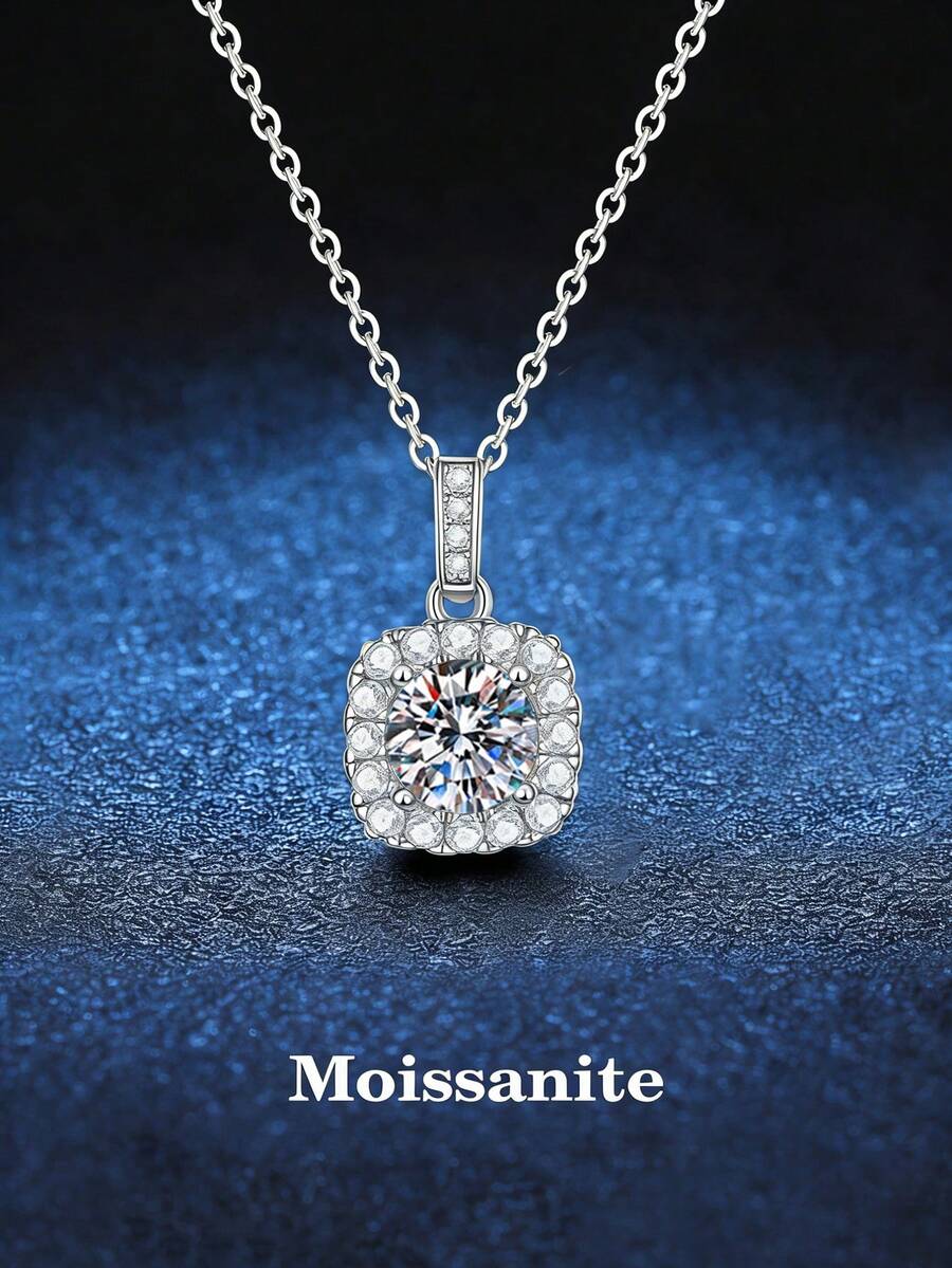 BLOVEMEE 1pc Elegant Luxury 925 Sterling Silver 1 Carat 6.5mm Moissanite Necklace, Suitable For Women's Daily Wear, Parties, Valentine's Day, Christmas, Thanksgiving, Women's Jewelry Gift - Silver - View 1