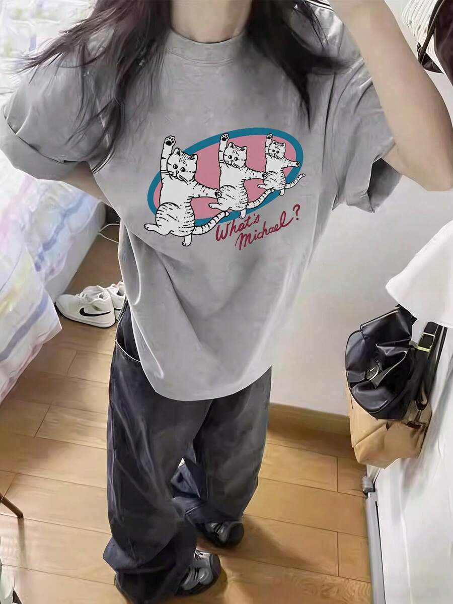 女士宽松圆领短袖字母猫咪印花T恤，春夏款 - 淺花灰 - 查看 1
