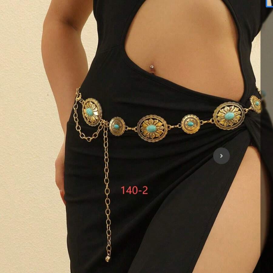 谁知道呢!这款西部风格的松石腰链直接营造出一种氛围。 - 金色 - 查看 1