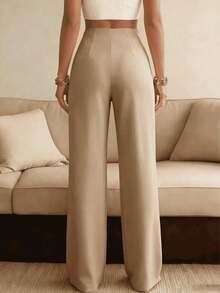 Women's Solid Color Wide Leg Business Pants, Straight Leg Casual Trousers, Versatile For Various Occasions And Commuting White Spring - 卡其色 - 查看 3