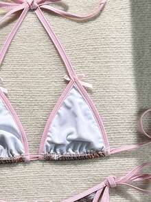 Conjunto de bikini sexy y dulce - Calzoncillos de cintura alta con estampado de ciervos + Cubierta rosa transparente con cordones | Diseño de contraste salvaje imprescindible para la playa y la fiesta de la piscina en verano - Multicolor - Ver 8