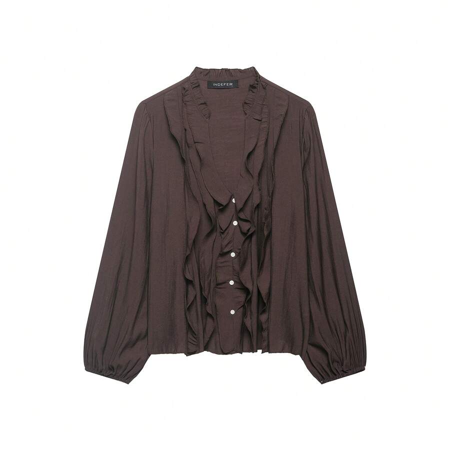 DEEKA Women's Fashionable Layered Decorative Blouse, European And American Style, Versatile For Spring/Summer - Brown - View 1