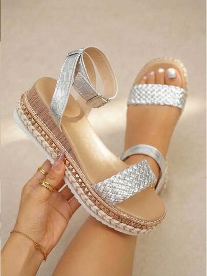 planare Women's Casual Fashionable Woven Round Toe Silver Summer Sandals With Adjustable Strap, Flat Wedge Thick Sole Suitable For Daily, Vacation, Beach Wear
