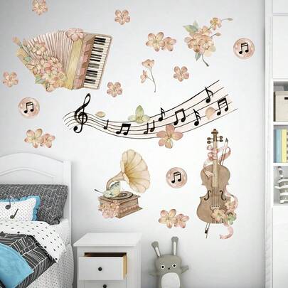 音符唱片墙贴，钢琴、小提琴、留声机等乐器图案，适用于音乐工作室、舞蹈室、卧室等场所的艺术装饰。