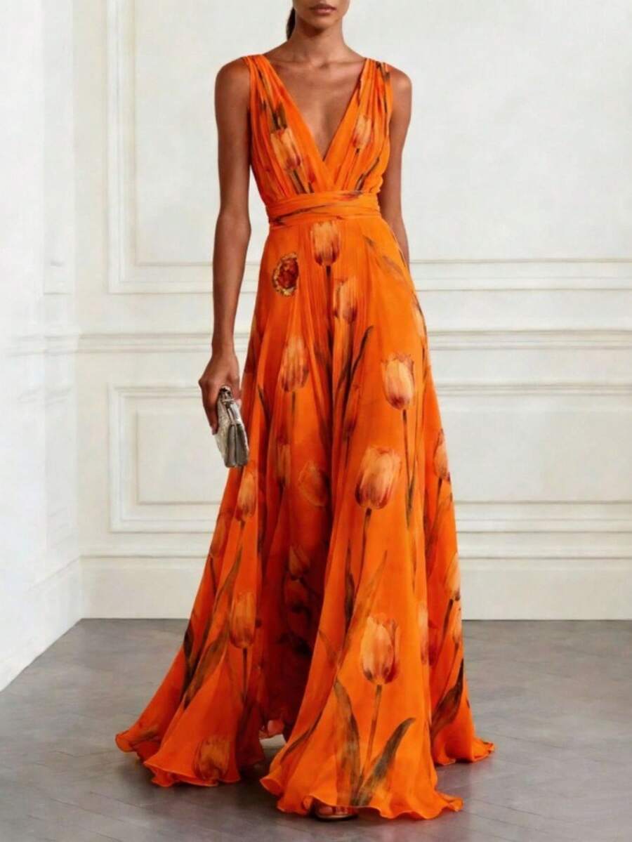 Sky Blue Floral Print Wide-Leg Jumpsuit - Luxury Deep V Waist Maxi Jumpsuit For Banquet & Vacation New Tulip Printed Evening Dress Women's Sleeveless V-Neck Chiffon Dress Women's Graduation Season Adult Ceremony Mother's Day Gift - 桔色 - 查看 1