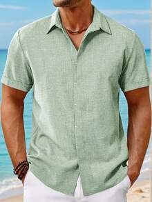 Mens Short Sleeve Linen Shirts Button Down Casual Summer Beach Tops For Daily Commute - 淺綠色 - 查看 1
