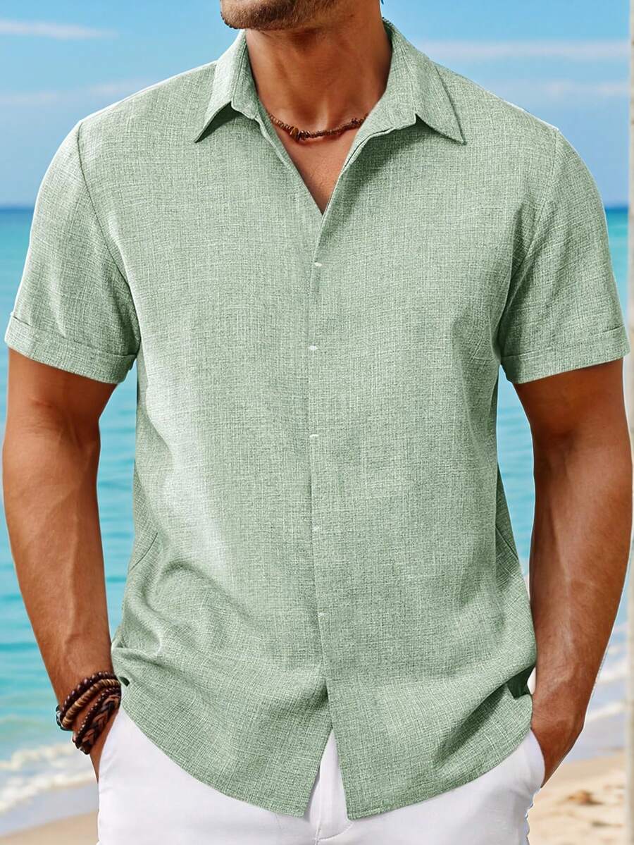 Mens Short Sleeve Linen Shirts Button Down Casual Summer Beach Tops For Daily Commute - 淺綠色 - 查看 1