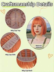 12英寸黑色直发带刘海，橙色短波波头假发，耐热合成假发，适合日常佩戴、万圣节、角色扮演，活泼可爱短发 - 彩色 - 查看 3