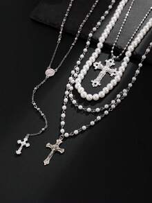 4pcs Set Vintage Gold Metal Cross & Virgin Mary Pendant Y-Necklace, Multilayer Pearl Beaded Necklace, Suitable For Women's Daily And Holiday Wear, Festival Gift - Silver - View 2