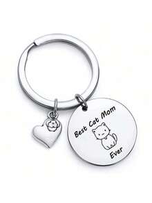 1pc "Best Cat Mom Ever" Cat Graphic & Heart Pendant Metal Keychain, Mother's Day Birthday Gift - Silver - View 5