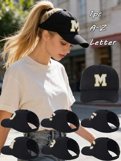 1PC A-Z Letters Woman's Ponytail Baseball Cap, Messy Bun Ponytail Baseball Cap For Women,Adjustable Sun Hat For Summer,Women's High Bun Ponytail Cap,Stylish Visor Hat,Perfer For Summer, Beach & Workout