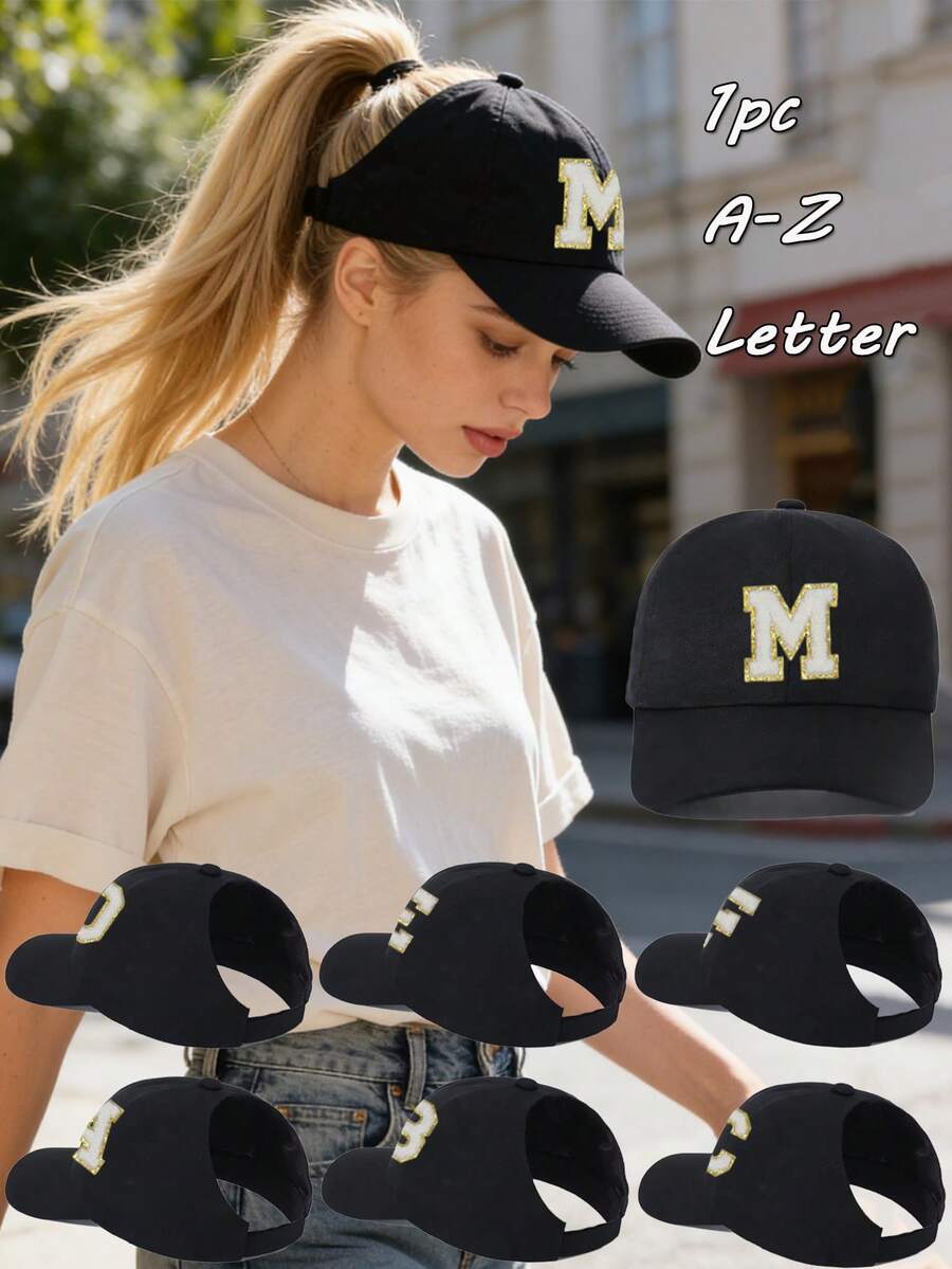 1PC Woman's Ponytail Baseball Cap With 26 Letters , Messy Bun Ponytail Baseball Cap For Women,Adjustable Sun Hat For Summer,Women's High Bun Ponytail Cap,Stylish Visor Hat,Perfer For Summer, Beach & Workout - Black - View 1