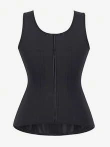 Black Zipper Shapewear Top, Tummy Control Waist Trainer Adjustable Strap Corset Bustier Vest - Black - View 4
