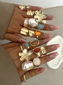 20/7件套时尚简约优雅精致复古几何花结仿珍珠仿宝石闪亮不规则纹理褶皱编织交叉镂空设计多层光滑极简金属夸张宽大戒指套装，适合节日、派对、约会、日常佩戴、礼品 - 金黃色 - 查看 7