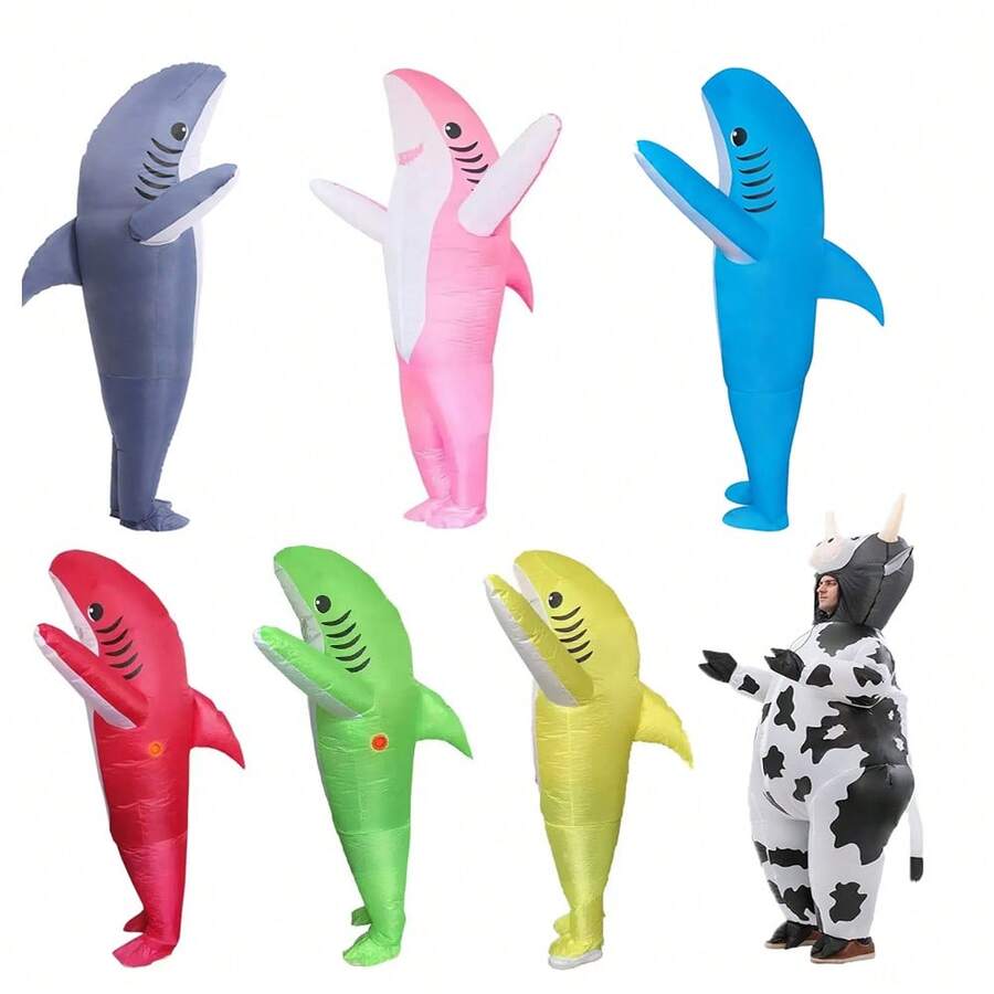1PC (Comes With Inflatable Blower - No Batteries) Shark/Cow Inflatable Costume Adult,Costume Men/Women Adult,Stage Performance/Event Party Costume Props, Men's And Women's Birthday Party Christmas Fun Role-Playing Costumes. - 彩色 - 查看 1