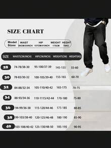 男士休闲水洗口袋直筒宽松牛仔裤，时尚日常穿着，垃圾摇滚 - 黑色 - 查看 6