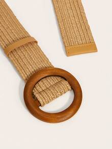 1条卡其色圆形木扣波西米亚风优雅休闲女士草编腰带，适合夏季海滩度假旅行，可搭配连衣裙和长裙。 - 卡其色 - 查看 2