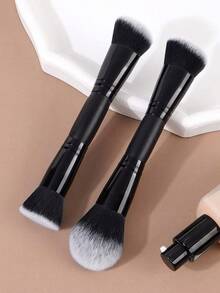2pcs Dual-Ended Makeup Brushes, Pink Base Brush & Black Base White Bristle Contour Brush, Powder Brush Beauty Tools - Black - View 4