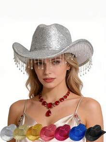 Luxury Sparkling Rhinestone Fringe Western Cowboy Hat, Suitable For Single Party Theme Events And Outfits - Solid Color - View 2
