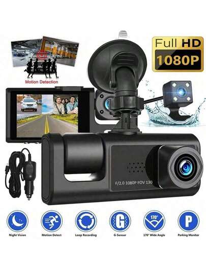 1个3通道1080P全高清双镜头行车记录仪，前后录像，2英寸显示屏，循环录像，150mAh电池（不含SD卡）