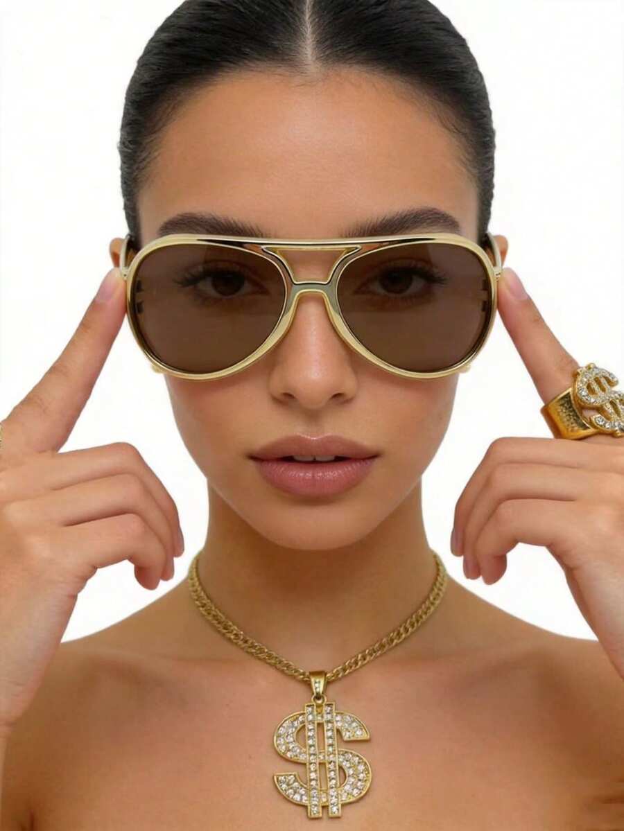 3pcs 60s 70s 80s 90s Hip Hop Sunglasses + Ring + Necklace Hip Hop Costume Accessories Party Supplies Rapper Unisex Hippie Retro Jewelry - Gold - View 1