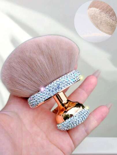 1pc Multifunctional Makeup Brush With Sparkling Rhinestone Decor, Suitable For Powder, Blush, Compact Powder, Portable Travel Makeup Brush, Holiday Gift