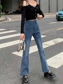 女士休闲喇叭口袋牛仔裤（春季款） - 深色水洗藍 - 查看 5