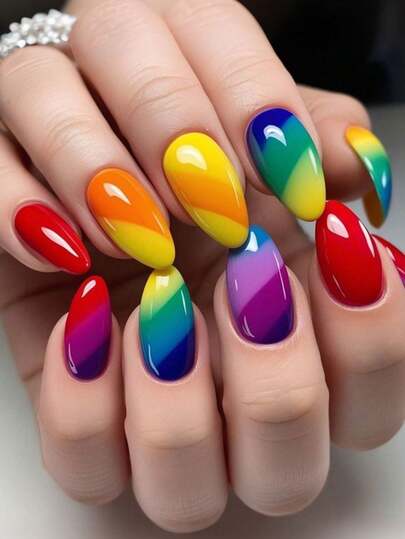 彩虹色中号方形按压式假指甲，彩色条纹设计，夏季粘贴式美甲，亮面亚克力假指甲，可爱美甲，按压式全覆盖美甲贴片，女士24片装