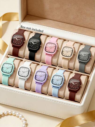 1pc Colorful, Bright And Fresh Women's Quartz Watch, Part Of A Ladies' Accessory Set. This Watch Features A Minimalist Square Dial And Multi-Color Silicone Strap Design, With A Sweet And Refreshing Style Full Of Vitality. As A Practical Watch Accessory, It Is Suitable For Daily Commuting, Campus Outfits, Christmas Gift Exchanges, New Year's Parties, And Other Various Occasions.