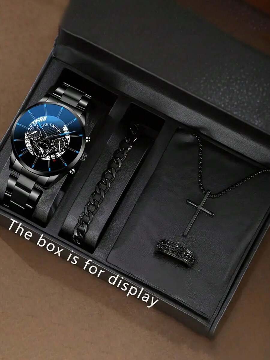 4PCS/Set Minimalist Men's Casual Business Stainless Steel Band Watch, Fashionable Quartz Watch With Calendar, Circular Dial With Scale, Stylish Jewelry Set, Suitable For Daily Commuting Wearing And Best Birthday Gift - Black - View 1