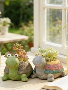 Cute Turtle Resin Planter Pot , Adorable Animal Shaped Succulent Pot With Rainbow & Star Inserts, Creative Home Decor For Living Room, Windowsill, Office Desk & Balcony, Ideal Gift For Plant Lovers, Kids & Housewarming, Perfect For Small Succulents, Herbs & Cacti - B - View 3