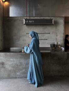 Áo Abaya dài thanh lịch dành cho nữ, được làm từ chất liệu vải dệt kim thoải mái, thiết kế tay dài thông thường với độ co giãn nhẹ, thời trang và đa năng. - Màu xanh lam - Xem 5