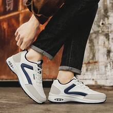 Zapatos deportivos casuales para hombres - Diseño de corte bajo transpirable, acentos en azul marino, parte superior de PU duradera y suela de PVC, cómodos para hacer ejercicio, caminar y uso diario en todas las estaciones - Blanco - Ver 7