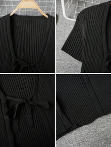 Áo khoác cardigan dệt kim cổ chữ V thắt nơ mới, thiết kế độc đáo, dáng ôm, tay ngắn, thích hợp cho mùa xuân/hè. - màu đen - Xem 11