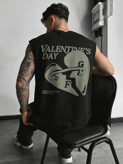 FRACTYR Men's Casual Street Fashion Heart & Letter Graphic Print Double-Sided Design Loose Fit Round Neck Short Sleeve T-Shirt, Summer