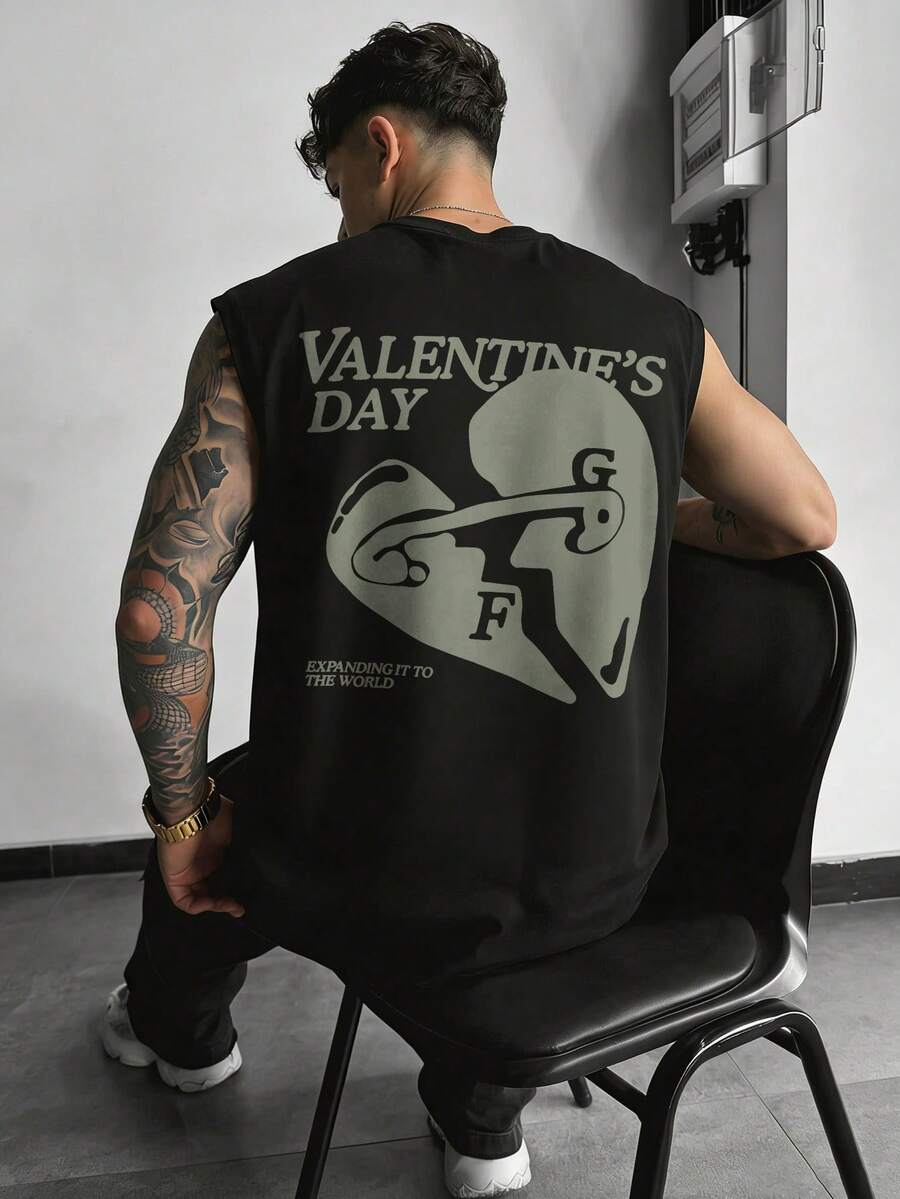 FRACTYR Men's Casual Street Fashion Heart & Letter Graphic Print Double-Sided Design Loose Fit Round Neck Short Sleeve T-Shirt, Summer - Black - View 1