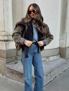 女士灰色麂皮夹克，宽松休闲街头风，拉链口袋，秋冬外套 - 灰色 - 查看 9