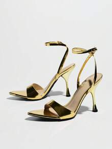 Women's High Heel Sandals, Suitable For Spring/Summer Parties, Galas, Outdoor Travel, Fashion High-End Gold Pointed Toe Shiny Wide Strap Criss-Cross Buckle Elegant Comfortable Formal Occasion Wear, Versatile Gold High Heels - Gold - View 5