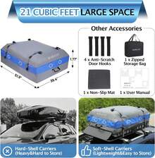 Bolsa de transporte de carga de servicio pesado en el techo, Bolsa de coche 100% impermeable en el techo de 15 pies cúbicos, Apto para todos los coches con / sin estante, Incluye esterilla antideslizante, 8 ganchos de puerta, Bolsa de almacenamiento - 21 pies cúbicos - Ver 2