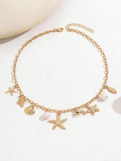 1pc Metal Starfish, Shell, Seashell Ocean Life Pendant Necklace, Suitable For Teenagers, Summer Beach Vacation, Hangout With Friends, Party, Daily Wear