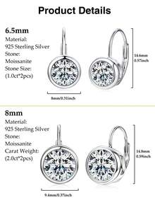 XUJIA 一对女士925纯银圆形贝壳耳环，镶嵌6.5毫米和8毫米莫桑石耳坠，永恒时尚耳环，婚礼新娘珠宝礼物 - EMO-531 - 查看 6