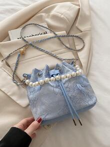 旗袍风格仿珍珠新款中式大容量抽绳单肩手提包 - 藍色 - 查看 8