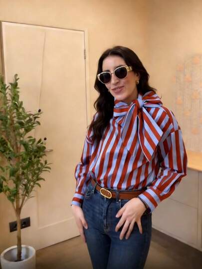 Blusas de mujer elegantes a rayas, con cuello vuelto vintage, lazo, manga larga, abotonadura sencilla, blusas de moda casuales para señora, ideales para vacaciones