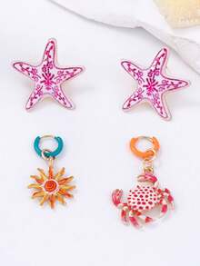 Personalized Oceanic Vacation Style Zinc Alloy Starfish & Crab 4-Piece Earring Set, Luxury Versatile Women Accessories - Animal Combination - View 6