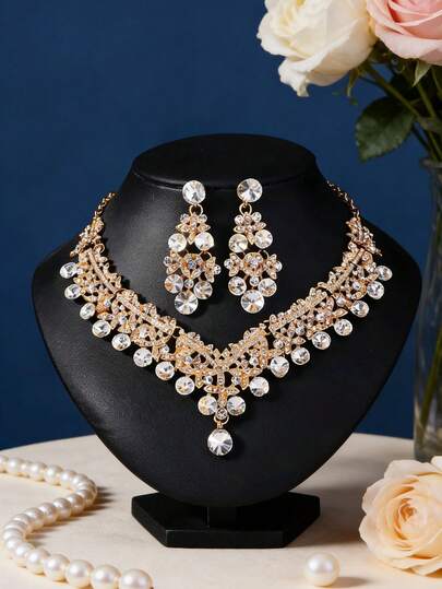 1 Set Gold Crystal Wedding Necklace Set, Bridal Queen Royal Pageant Jewelry